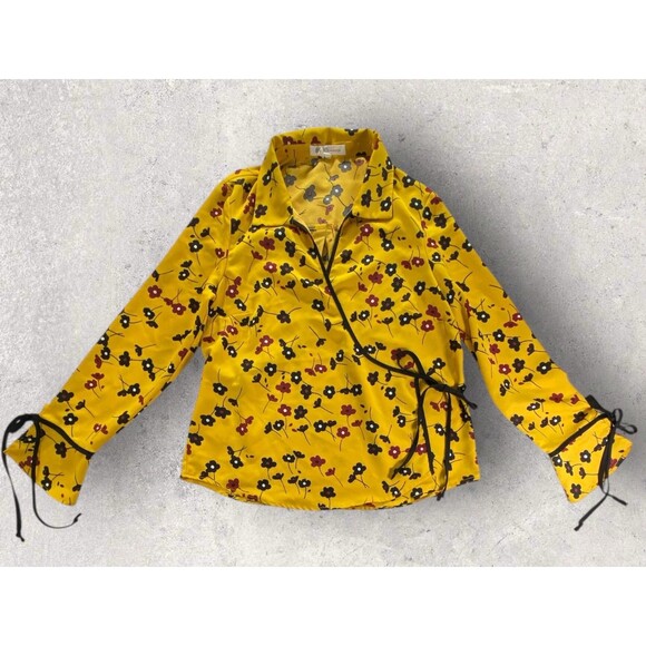 BCBG Generation Yellow Floral Wrap Blouse Top M Medium Tie Cuffs *READ - Picture 1 of 9